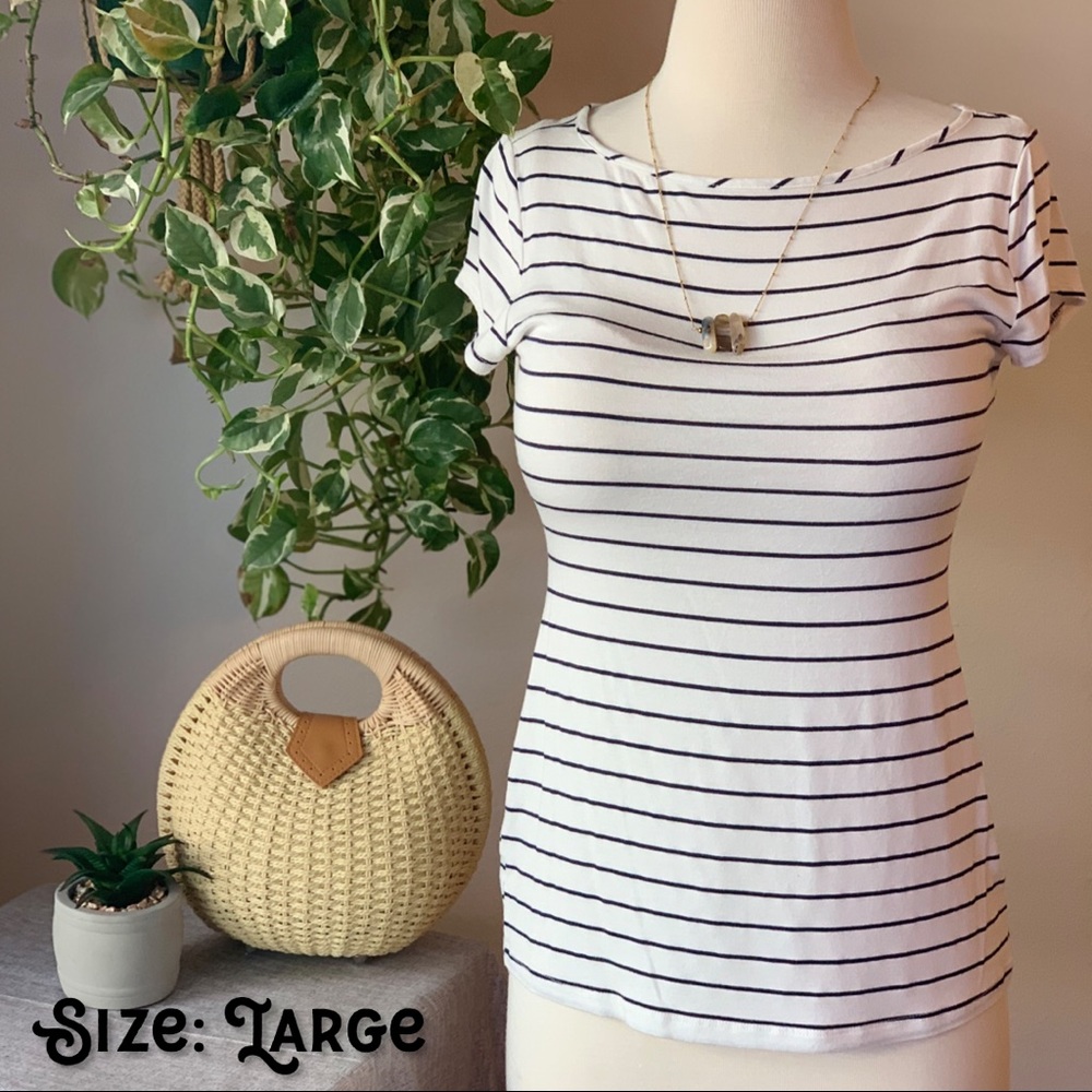Simple White & Dark Navy Striped Tee